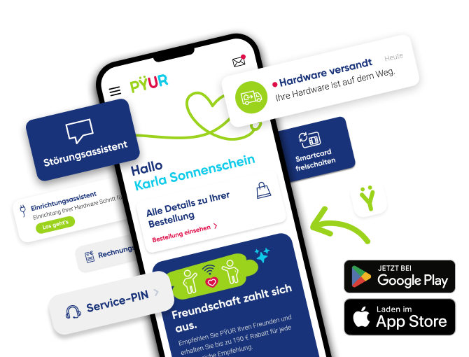Darstellung der MEIN PŸUR App auf einem Smartphone. Eine Auswahl nützlicher Funktionen sind grafisch hervorgehoben: Einrichtungs- und Störungsassistent, Rechnungen und Dokumente, SmartCard freischalten, Umzug melden und Service PIN.
